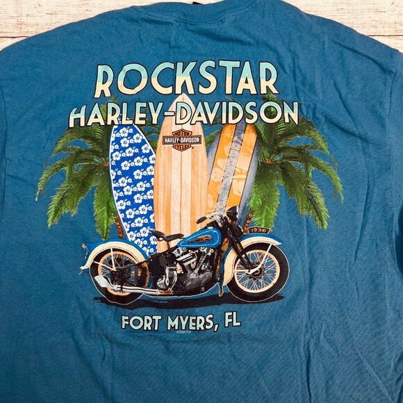 Vintage Harley Davidson Rockstar Fort Myers FL T-Shirt Size Large Blue Surfboard - Picture 5 of 11
